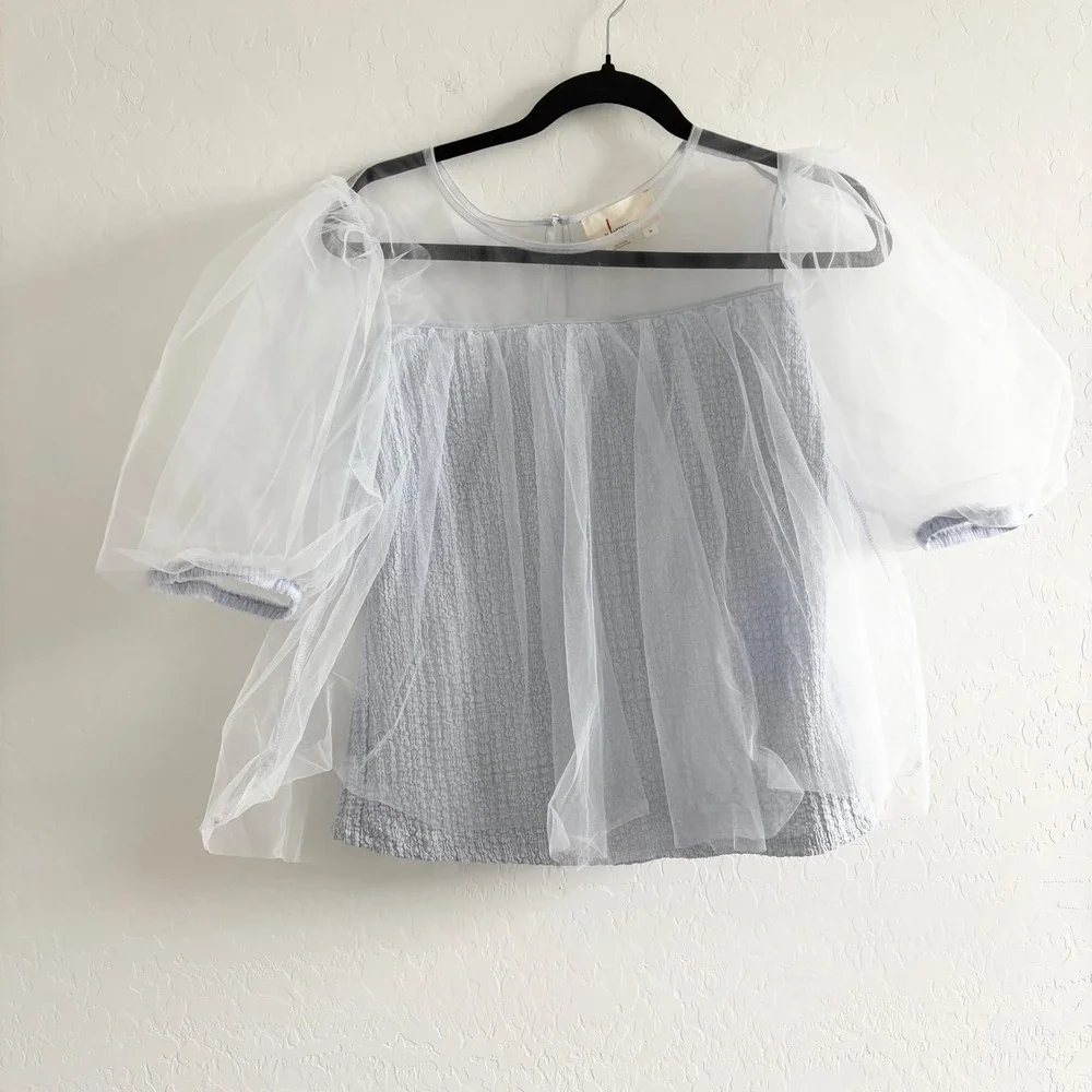 Anthropologie Sheer Puff Sleeve Tulle Overlay Blouse Light Blue Textured Top M